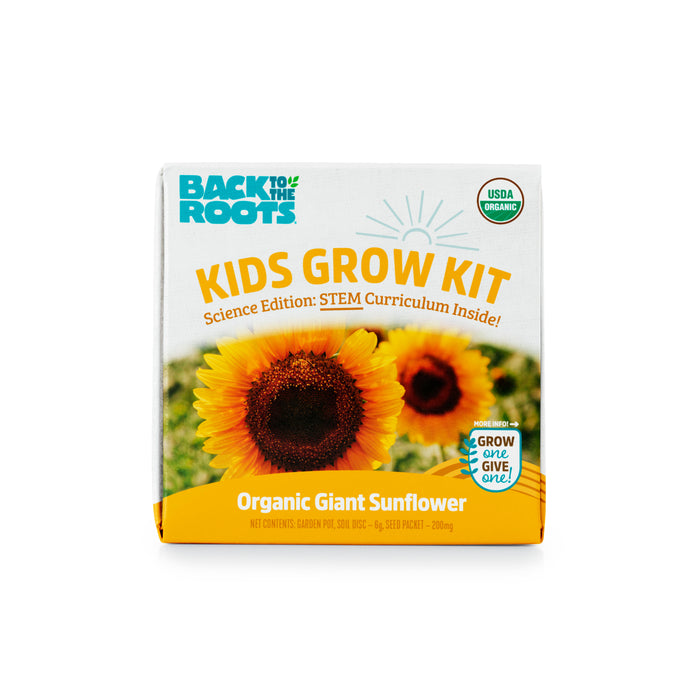 Front view of a Back to the Roots Kids Grow Kit box featuring bright sunflowers and labeled Organic Giant Sunflower. The box highlights a STEM curriculum inside and USDA Organic certification.