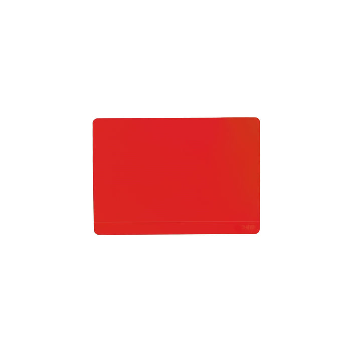 A rectangular, solid red cutting board is centered on a white background.