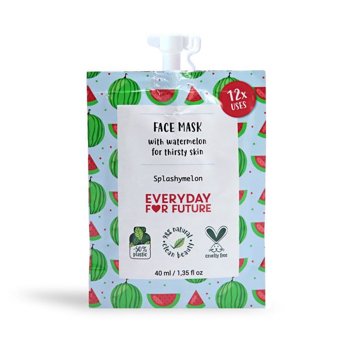 A pouch of Everyday For Future Face Mask with watermelon, labeled for thirsty skin. The packaging has watermelon illustrations, mentions 12 uses, is 50% plastic-free, 97% natural, vegan, and cruelty-free.