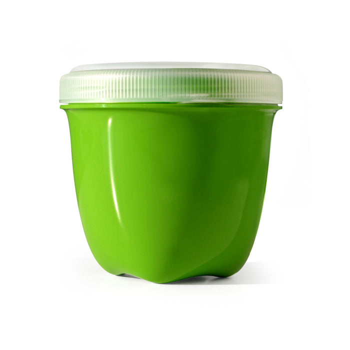 A green plastic food container with a translucent, ribbed lid, shown against a white background.