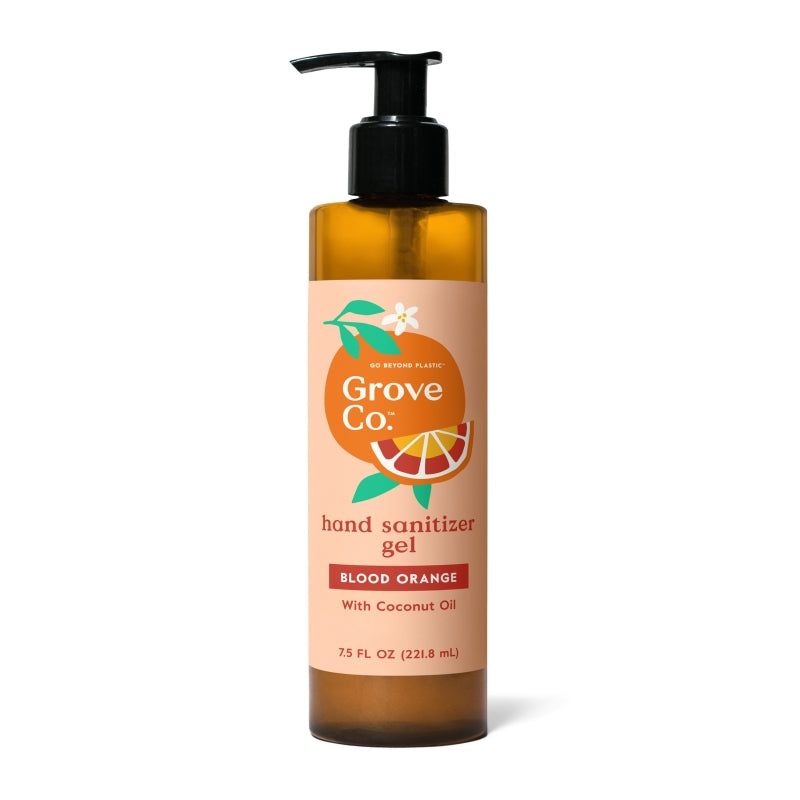 Grove Co. Hand Sanitizer Gel, blood orange scent with coconut oil and natural fragrance, comes in a 7.5 fl oz amber bottle with a black pump and orange citrus label. Kills 99.9% of germs.