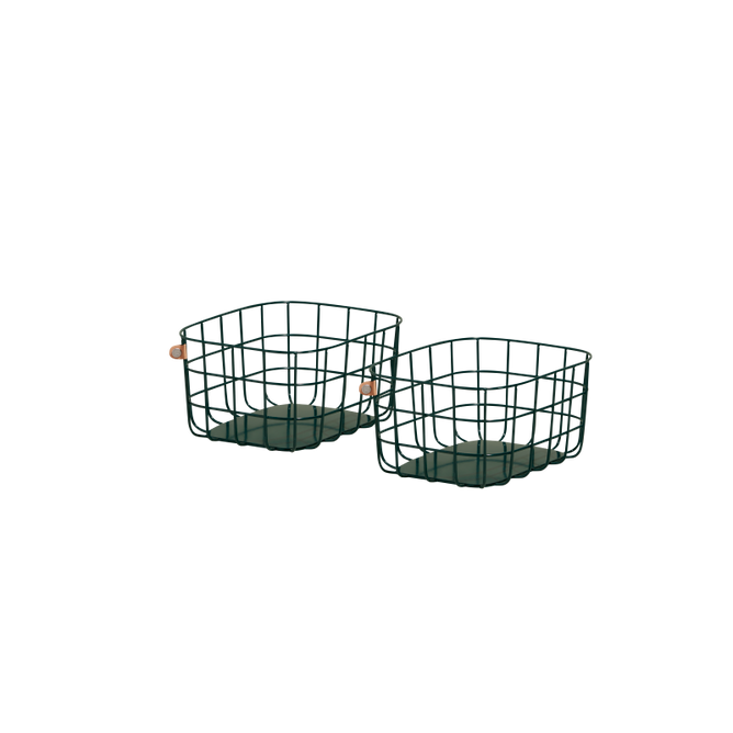 Two dark green wire storage baskets with square shapes and solid bases are placed side by side on a plain white background.