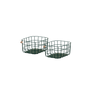 Two dark green wire storage baskets with square shapes and solid bases are placed side by side on a plain white background.