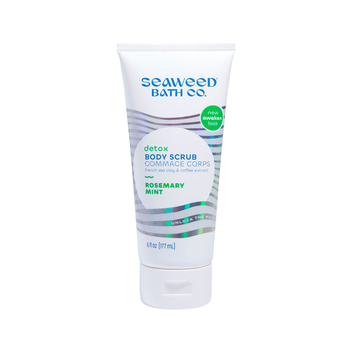 A white tube of Seaweed Bath Co. Detox Body Scrub in Rosemary Mint scent, featuring a blue and green logo and accent, standing upright on a white background.