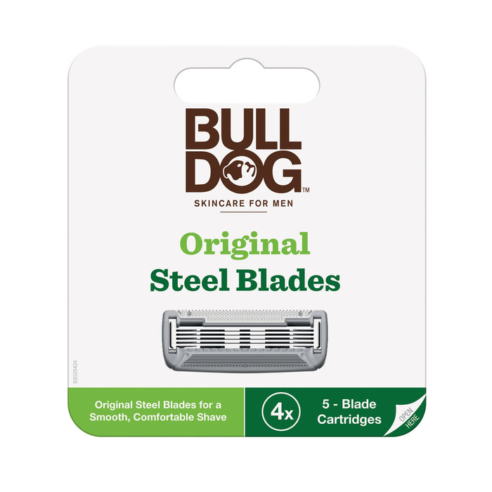 Bulldog Skincare for Men Original Steel Blades packaging, showing an illustration of a razor blade cartridge and text indicating 4 packs of 5-blade cartridges for a smooth, comfortable shave.