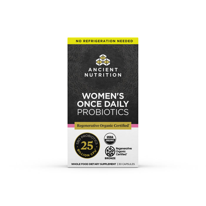 A box of Ancient Nutrition Womens Once Daily Probiotics, Regenerative Organic Certified, with 25 billion CFU and 30 capsules. The box notes USDA Organic, no refrigeration needed, and probiotic certification badges.