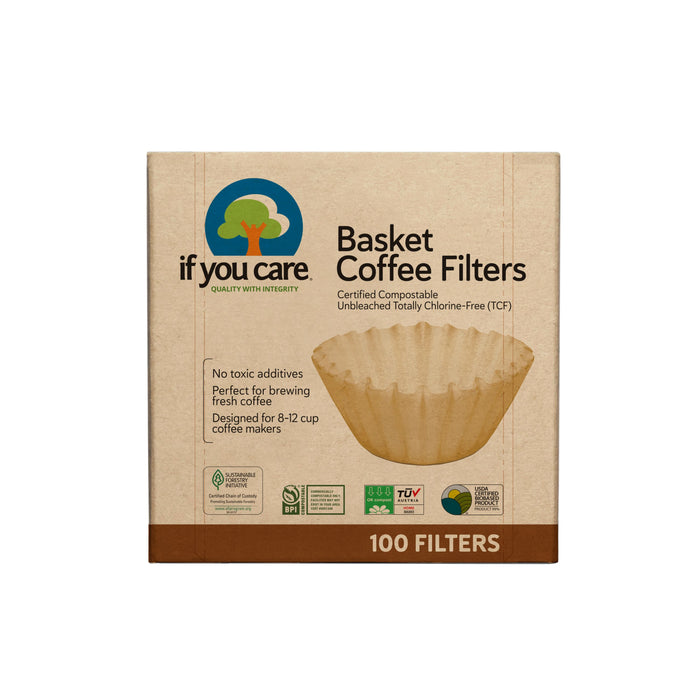A box of If You Care Basket Coffee Filters. The packaging highlights that the filters are certified compostable, unbleached, totally chlorine-free, and suitable for 8–12 cup coffee makers. The box contains 100 filters.