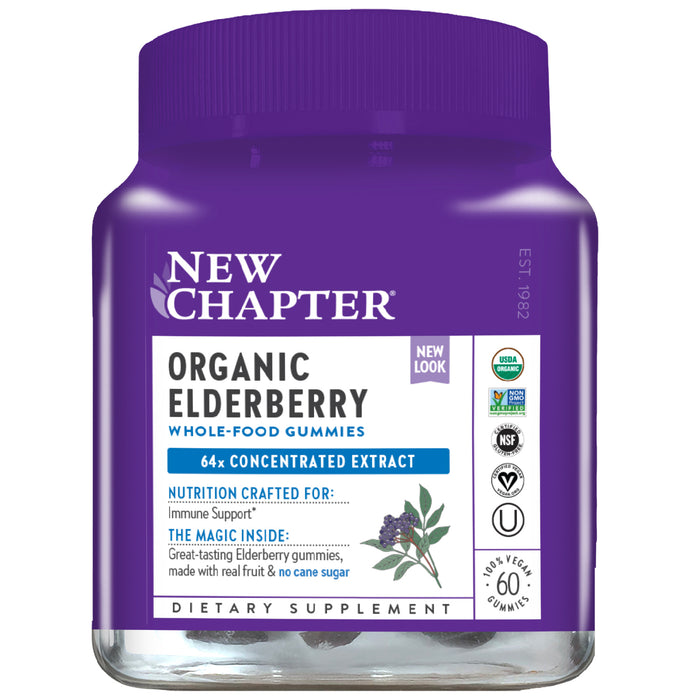 A purple container of New Chapter Organic Elderberry Whole-Food Gummies, featuring labels for dietary supplement, organic certification, and 60 vegan gummies, with an elderberry illustration on the front.