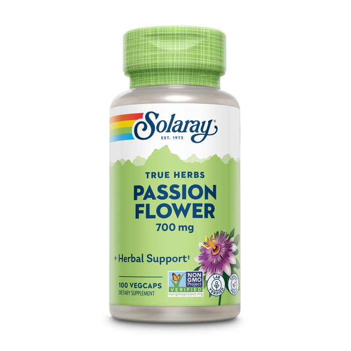 A bottle of Solaray True Herbs Passion Flower dietary supplement, 700 mg, with a green cap and label, featuring a passion flower image and icons for Non-GMO, vegan, and herbal support. Contains 100 vegcaps.