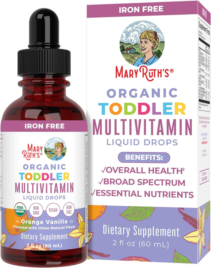 A bottle and box of MaryRuth’s Organic Toddler Multivitamin Liquid Drops, orange vanilla flavor, labeled as iron free, USDA organic, non-GMO, vegan, and gluten-free, with benefits listed on the packaging.
