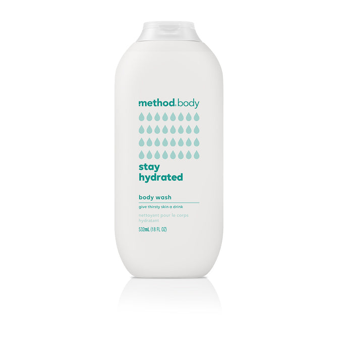 The Method Body Wash in a white stay hydrated bottle features a water droplet design and contains 532 ml (18 fl oz) of product. It offers plant-based cleansers with a cruelty-free formula for eco-friendly nourishment.