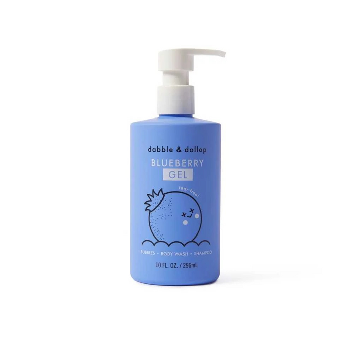 A blue bottle of dabble & dollop Blueberry Gel with a pump dispenser, featuring a cartoon blueberry illustration. The label notes it is tear-free and can be used as bubbles, body wash, or shampoo. 10 fl oz (296ml).