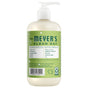 A pump bottle of Mrs. Meyer’s Hand Soap with a green label listing product ingredients, manufacturing information, and a barcode.