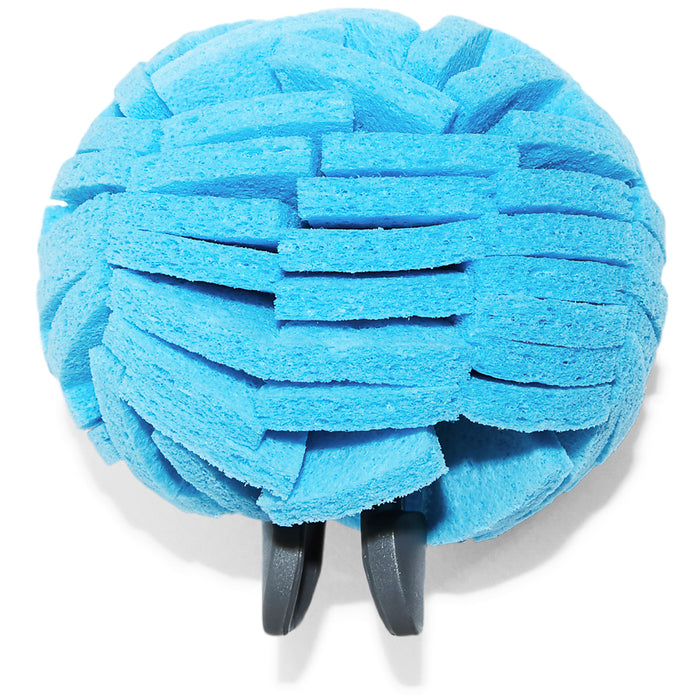 A round blue cleaning sponge with layered strips, attached to a black plastic handle, is shown on a white background.
