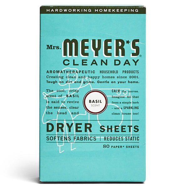 A turquoise box of Mrs. Meyer’s Clean Day Dryer Sheets in basil scent. The packaging highlights aromatherapeutic benefits, fabric softening, static reduction, and contains 80 paper sheets. White and dark green text is visible.
