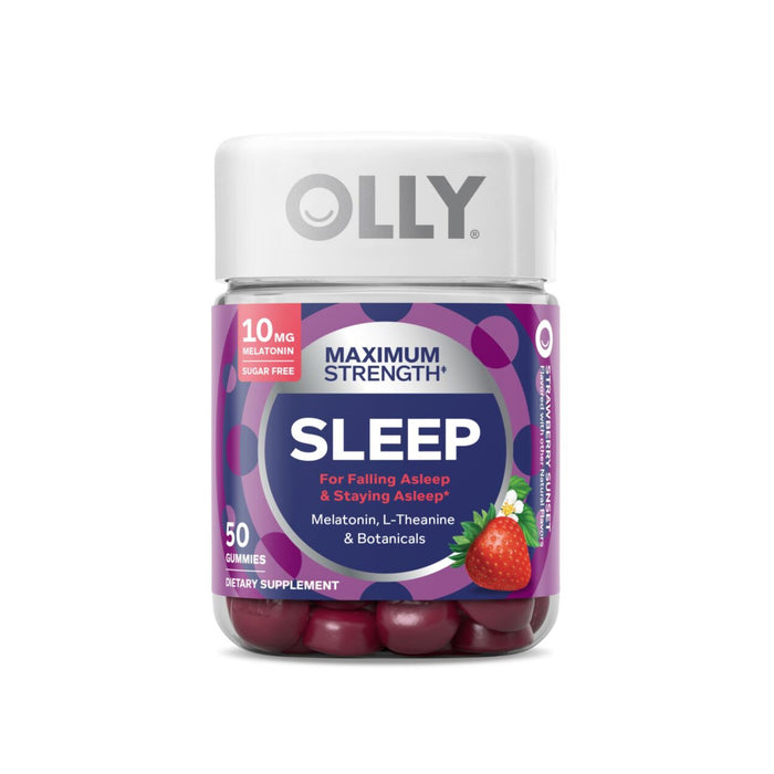 A bottle of OLLY Maximum Strength Sleep gummies with 10mg melatonin, featuring a purple label, 50 gummies, images of strawberries, and text highlighting melatonin, L-theanine, and botanicals for sleep support.