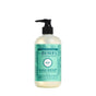 Mrs. Meyers Hand Soap, with a garden-inspired mint scent and black pump, features a light green label adorned with leaves. Infused with essential oils, olive oil, and aloe vera, it holds 370 mL of freshness perfect for your home.