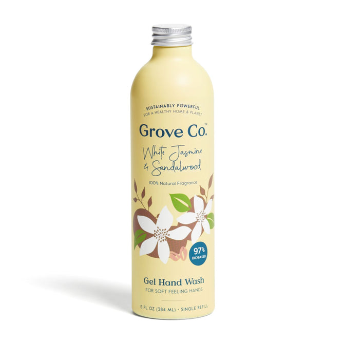 Beige Grove Co. Hydrating Hand Soap Refill with a white jasmine and sandalwood scent features jasmine and sandalwood illustrations. It contains 97% plant-based ingredients, 100% natural fragrance, and has a capacity of 13 fl oz (384 ml).