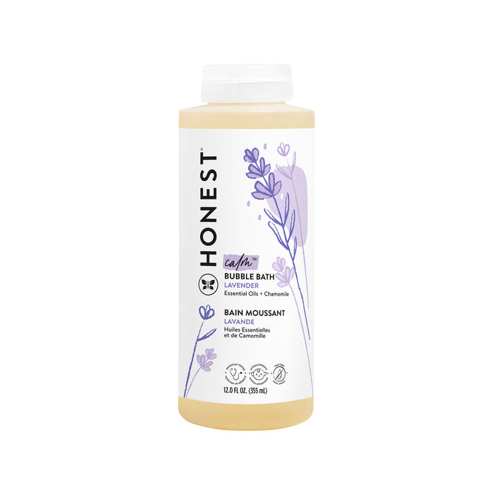 A bottle of Honest Calm Bubble Bath in lavender scent, featuring a white label with purple lavender illustrations and product details. The bottle contains 12 fl oz (355 mL).