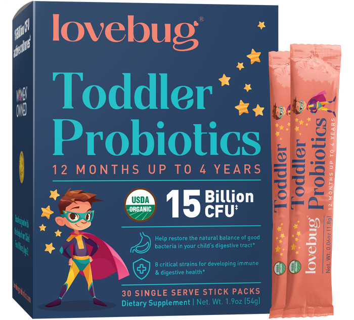 A box of Lovebug Toddler Probiotics for ages 12 months to 4 years, featuring a cartoon superhero child. The box highlights 15 Billion CFU, USDA Organic, and contains 30 single serve sticks.