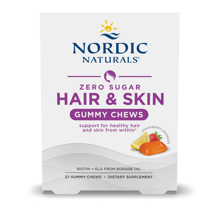 A white box of Nordic Naturals Zero Sugar Hair & Skin Gummy Chews, strawberry lemonade flavor, with images of the gummies and fruit. The label highlights support for healthy hair and skin and contains 27 chews.