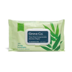 A Grove Co. green pack of Tree-Free Compostable Kitchen Wipes, crafted from sustainable bamboo, contains 40 unscented wipes. The label says Soft. Strong. Sustainable. and features a leaf design on the right.