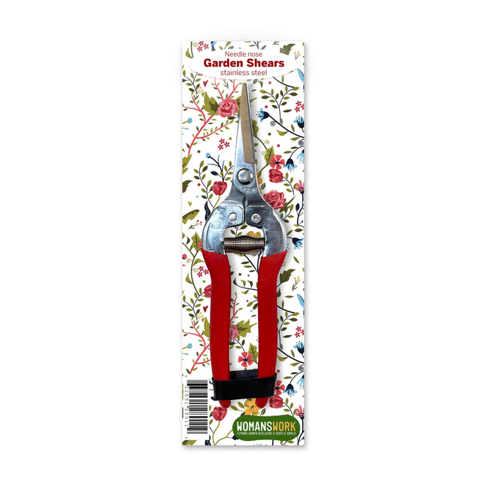 A pair of stainless steel garden shears with red and black handles, packaged on a floral-patterned background labeled Needle nose Garden Shears.