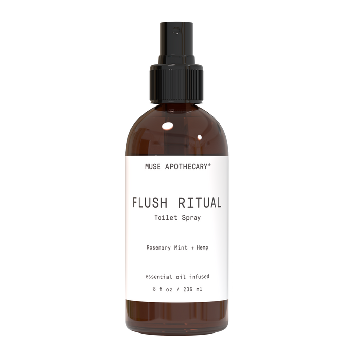 A brown plastic spray bottle labeled MUSE APOTHECARY FLUSH RITUAL Toilet Spray, Rosemary Mint + Hemp, essential oil infused, 8 fl oz / 236 ml against a plain white background.