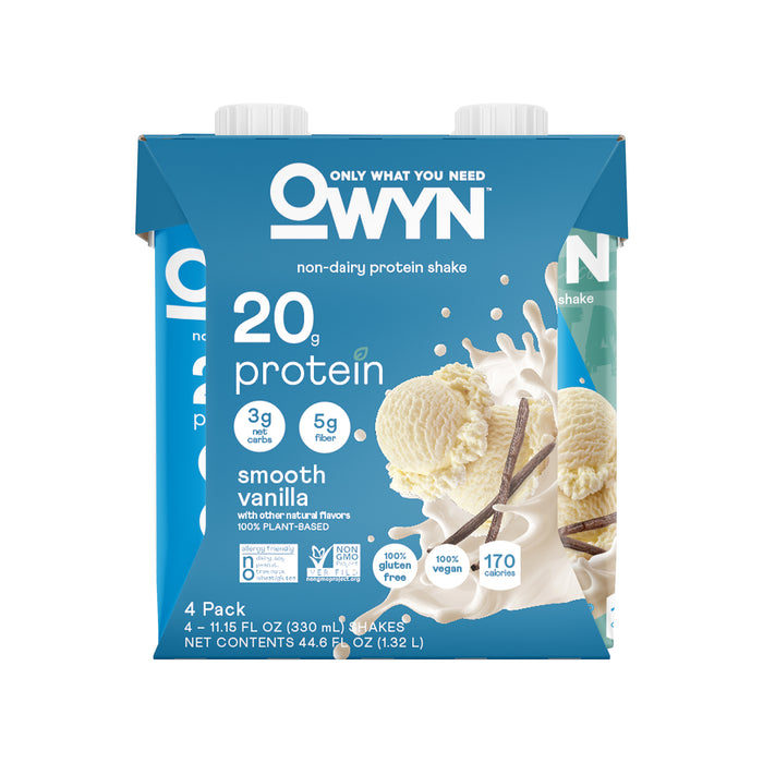 A pack of OWYN Protein Shake, 20G in smooth vanilla flavor offers 20g plant protein, 3g carbohydrates, 5g fiber, and 170 calories per serving. This vegan blend is rich in omega-3s and features images of vanilla pods and ice cream scoops.