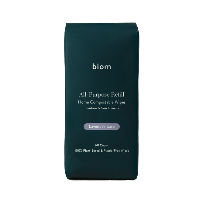 A package labeled Biom All-Purpose Wipe Refills in dark green includes naturally derived wipes with text: Home Compostable Wipes, Surface & Skin Friendly, Lavender Ease, 60 Count, 100% Plant-Based & Plastic-Free.