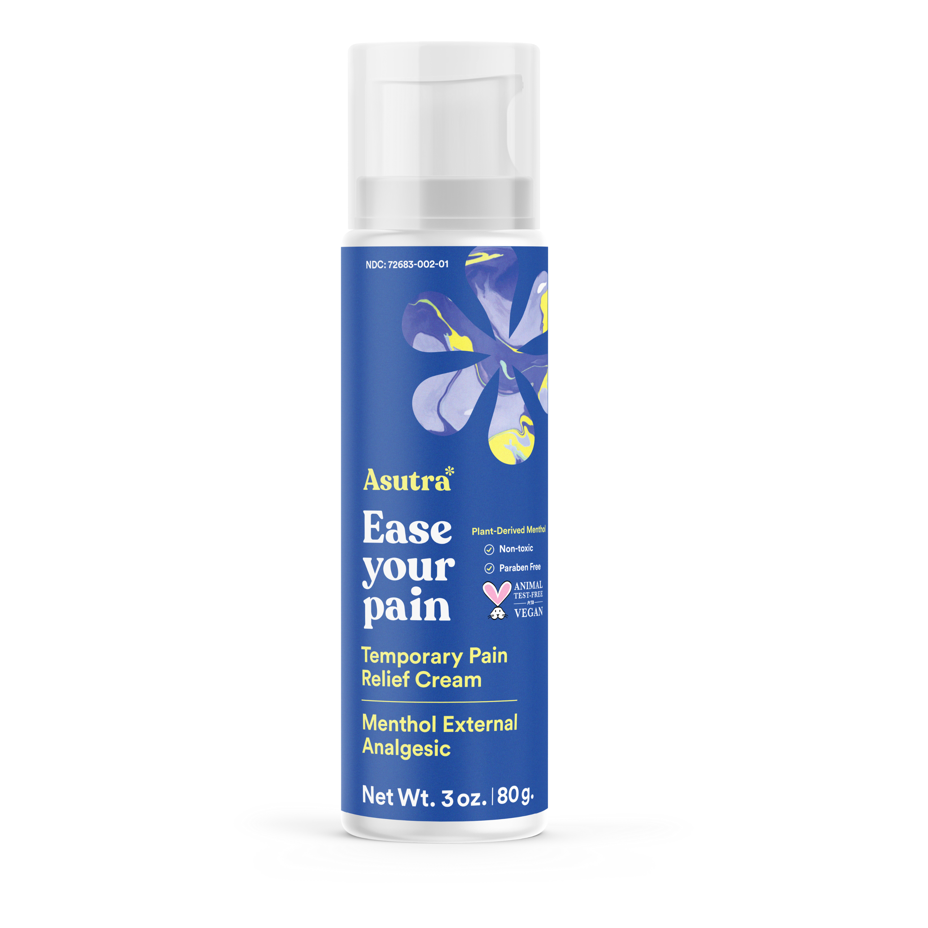 A 3 oz. tube of Asutra Menthol Arnica Ease Your Pain Cream has a blue label with a yellow flower graphic. This anti-inflammatory, plant-based formula is non-sticky, paraben-free, vegan, and cruelty-free for effective pain relief.