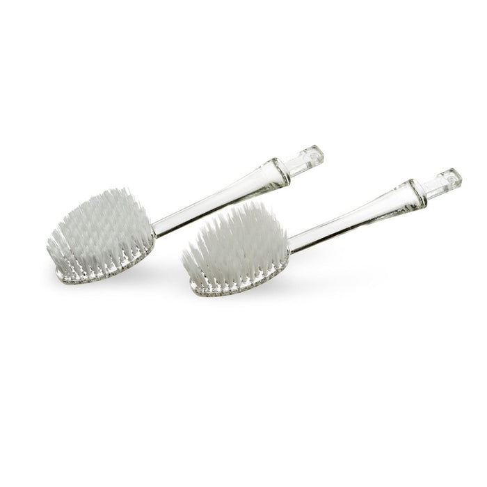 Two clear-handled dish brushes with white bristles are positioned parallel to each other on a white background.
