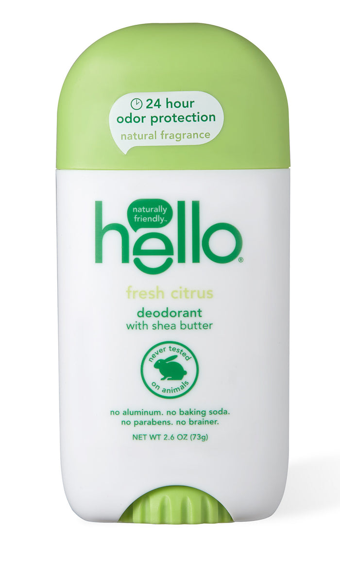 A green and white stick of hello brand fresh citrus deodorant with shea butter, featuring labels for 24-hour odor protection, no aluminum, no baking soda, no parabens, and never tested on animals.