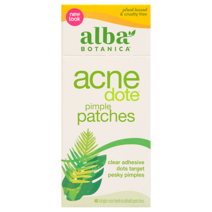 A box of Alba Botanica AcneDote pimple patches with green leaves design, labeled plant based & cruelty free, clear adhesive dots target pesky pimples, and 40 single use hydrocolloid patches.