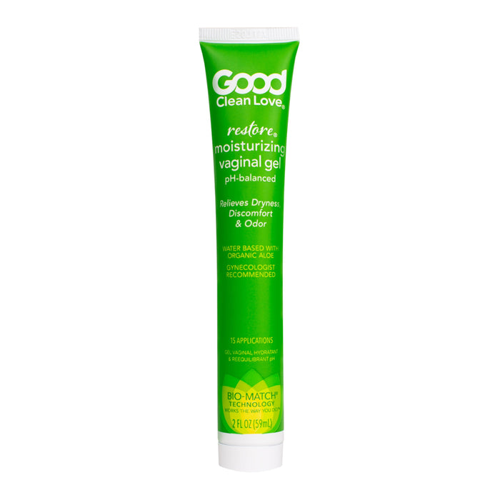 A green tube of Good Clean Love Restore Moisturizing Vaginal Gel, featuring pH-balanced, water-based formula with organic aloe. The text highlights relief from dryness, discomfort, and odor, with 15 applications per tube.