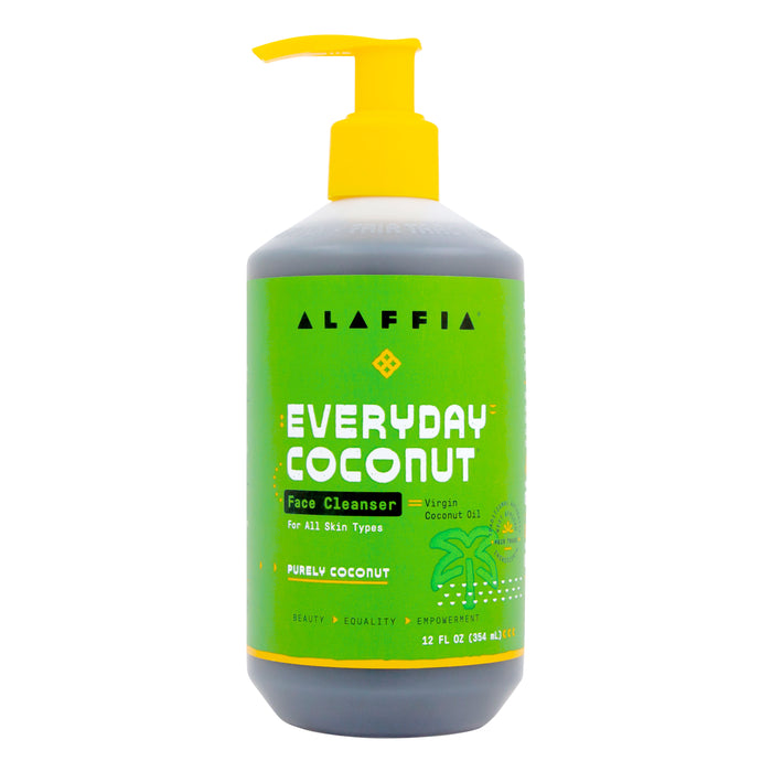 A green bottle of Alaffia Everyday Coconut Face Cleanser with a yellow pump. The label highlights that it contains virgin coconut oil, is for all skin types, and has Purely Coconut written on the front.