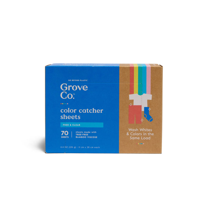 Grove Co. Color Catcher Sheets box, Free & Clear, 70 sheets made with tree-free bamboo viscose. Blue and kraft cardboard packaging with colorful clothing illustration and Wash Whites & Colors in the Same Load text.