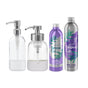 The Foaming Hand & Dish Soap Starter Set includes two Grove Co. glass pump bottles with silver tops and two aluminum bottles in purple and silver floral designs, providing elegant foaming soap options that help reduce plastic waste.