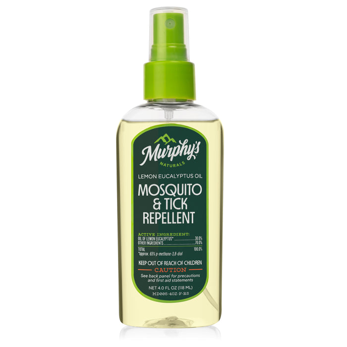 A clear spray bottle of Murphy’s Naturals Lemon Eucalyptus Oil Mosquito & Tick Repellent with a green label and spray cap, containing 4 oz (118 ml).