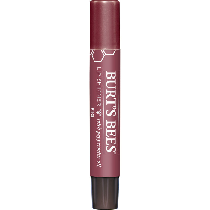A tube of Burts Bees Lip Shimmer in the shade Fig, featuring a burgundy cap and base, with white text indicating it contains peppermint oil.