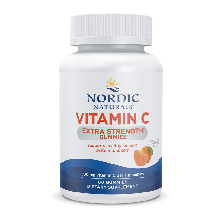 A white bottle of Nordic Naturals Vitamin C Extra Strength Gummies, featuring an image of an orange slice. The label highlights immune support, contains 60 gummies, and indicates 500 mg vitamin C per 2 gummies.