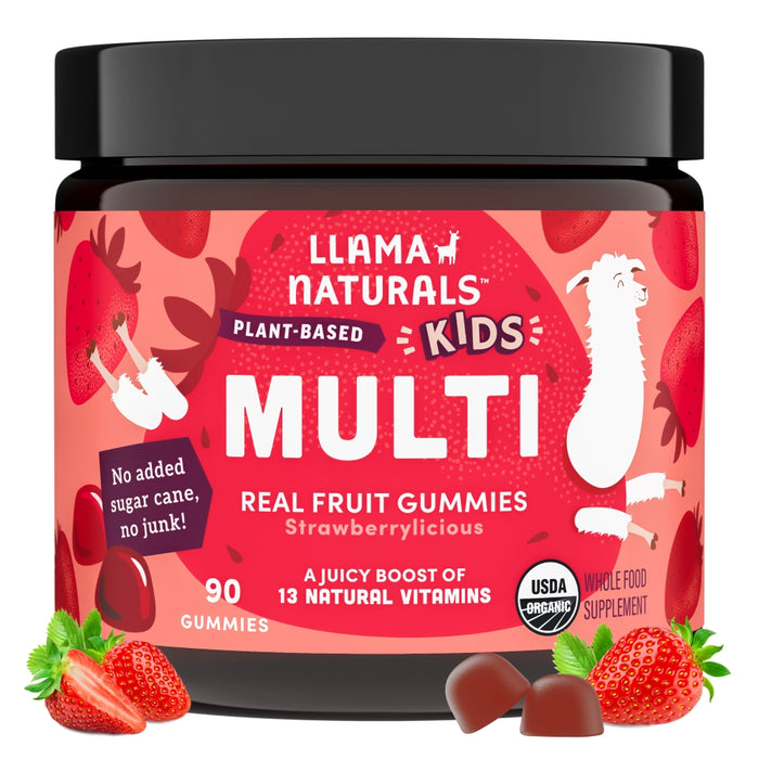 A jar of Llama Naturals Kids Plant-Based Multi Gummies with strawberry illustrations on a red label, featuring text about real fruit, no added sugar cane, 13 natural vitamins, and 90 gummies per jar.
