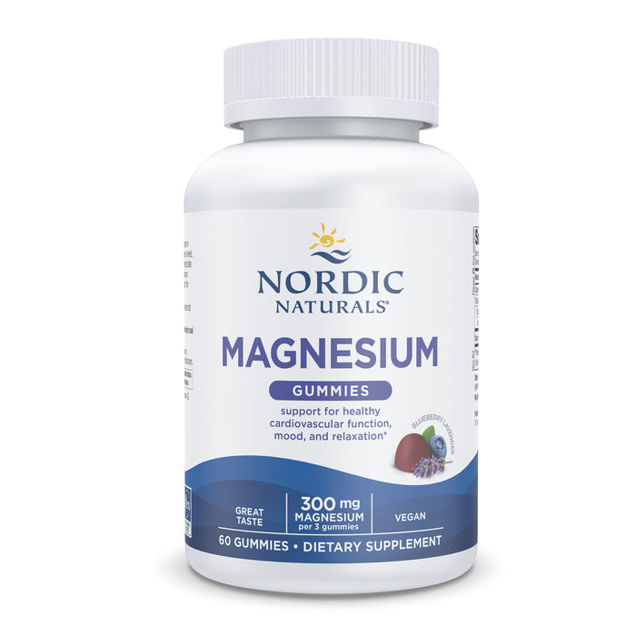 A white bottle of Nordic Naturals Magnesium Gummies, labeled as supporting cardiovascular function, mood, and relaxation. The bottle contains 60 vegan blueberry-flavored gummies, each serving providing 300 mg of magnesium.