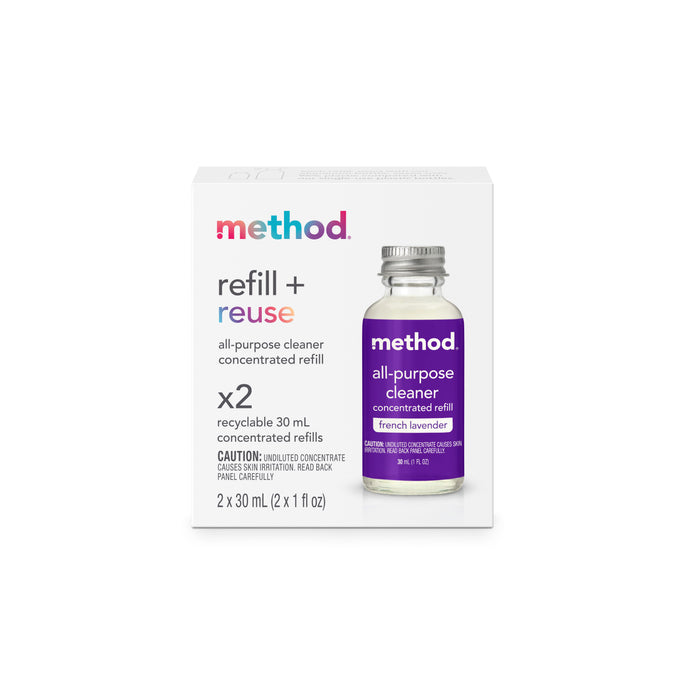 Box of Method refill + reuse all-purpose cleaner concentrated refill in French lavender scent, containing two recyclable 30 mL refill bottles; white background with colorful branding and product details.