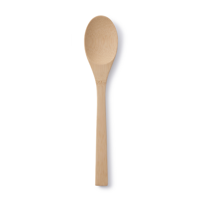 A plain, light-colored wooden spoon with a rounded bowl and a straight handle, photographed against a white background.