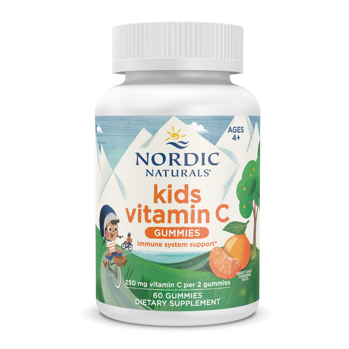 A bottle of Nordic Naturals Kids Vitamin C Gummies featuring playful artwork of a child on a bike, an orange, and gummies. The label highlights immune system support and is for ages 4+, containing 60 gummies.