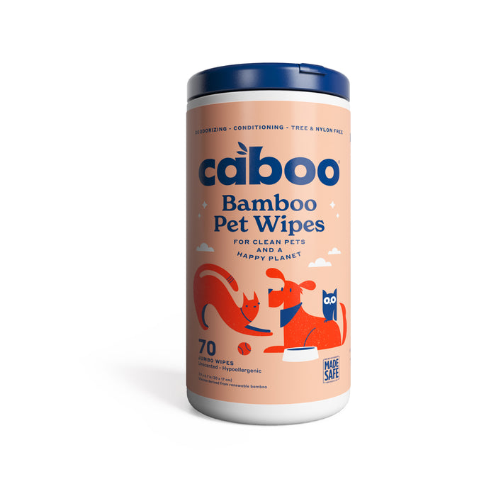 A container of Caboo Bamboo Pet Wipes featuring playful illustrations of a dog, cat, and bird on the label. The container states it contains 70 wipes and highlights features like plant-based, fragrance-free, and hypoallergenic.