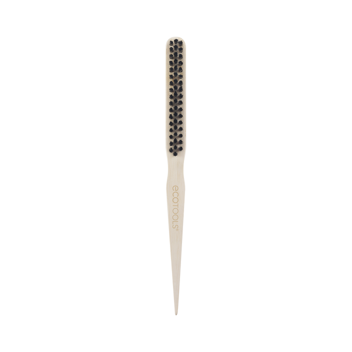 A wooden teasing comb with black bristles and a pointed handle, featuring the ecotools logo on its side, displayed on a white background.