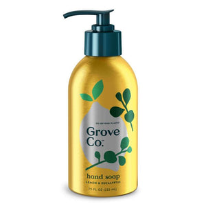 The Grove Co. Hand Soap features a yellow bottle with a green pump adorned with green leaves, offering natural fragrances like lemon and eucalyptus. This 7.5 fl oz (222 ml) bottle, emphasizing plant-based ingredients, proudly supports the Go Beyond Plastic initiative.