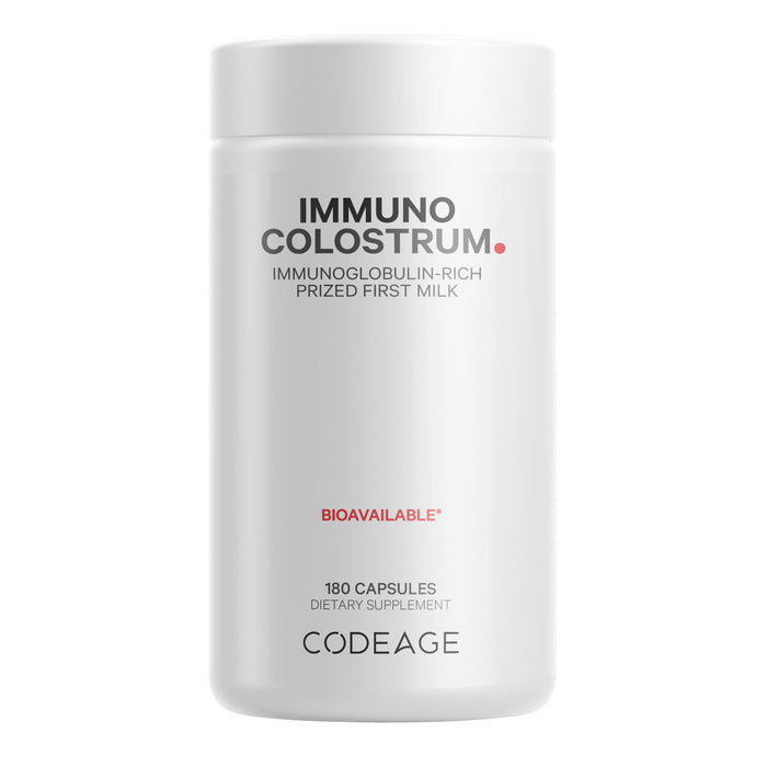 A white bottle labeled “IMUNNO COLOSTRUM” with text stating “Immunoglobulin-rich prized first milk,” “Bioavailable,” and “180 capsules dietary supplement” by Codeage. The design is minimalistic.